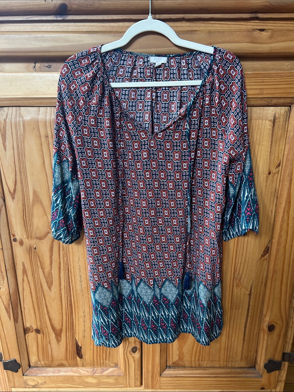 Ganji Boho Paisley Print Women's Blouse in Rust and Teal 100% Rayon 3/4 Sleeves